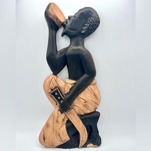 Hand Carved Wooden African Man Drinking Wall Hanging Decor Vintage